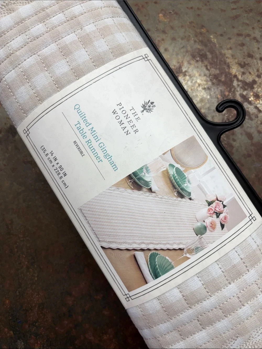 The Pioneer Woman French Oak Reversible Quilted Mini Gingham Table Runner. 14x90